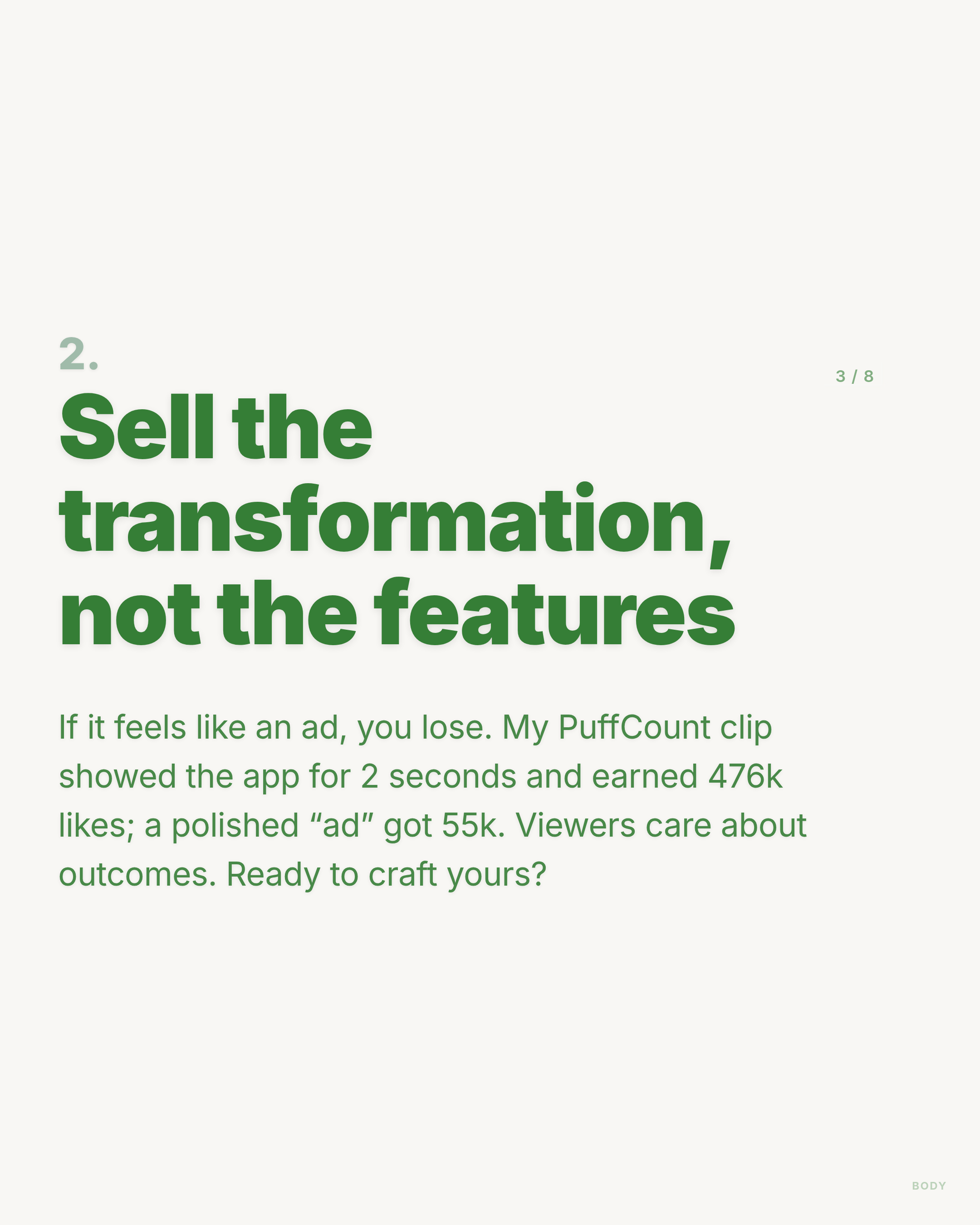 Sell the transformation, not the features - LinkedIn carousel slide 3 of 8
